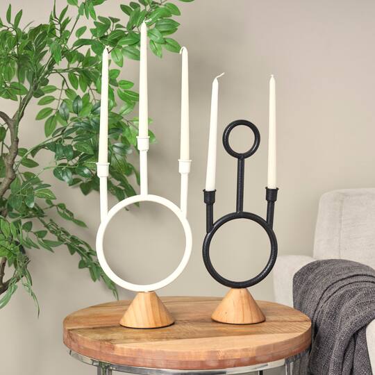 Black & White Metal Abstract Circular Ring Candle Holder with Wooden Cone Bases Set
